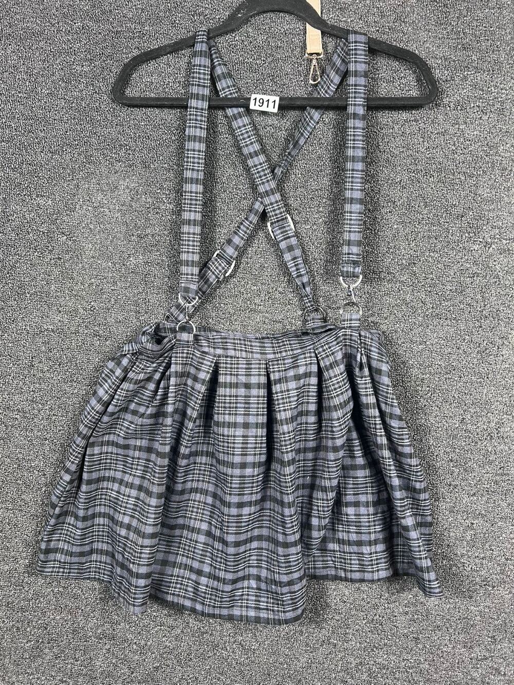 Hot Topic Black & Gray Plaid Suspender Skirt Womens Size MD Punk Goth Adjustable